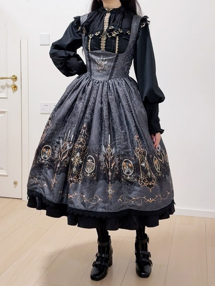 Print Gothic Drawstring Bat Gray Candelabras JSK Shoulder Dress Lolita with Wings Straps Lace-Trimmed