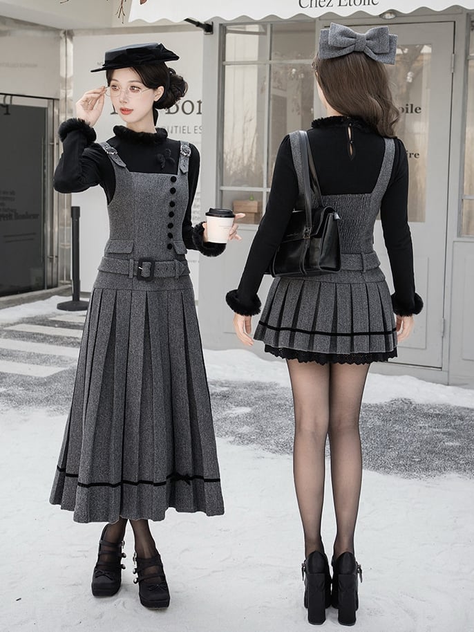 Belt Pleat Elegant and Box Low-Waist with Gray Pockets Chic Faux Decorative Dress