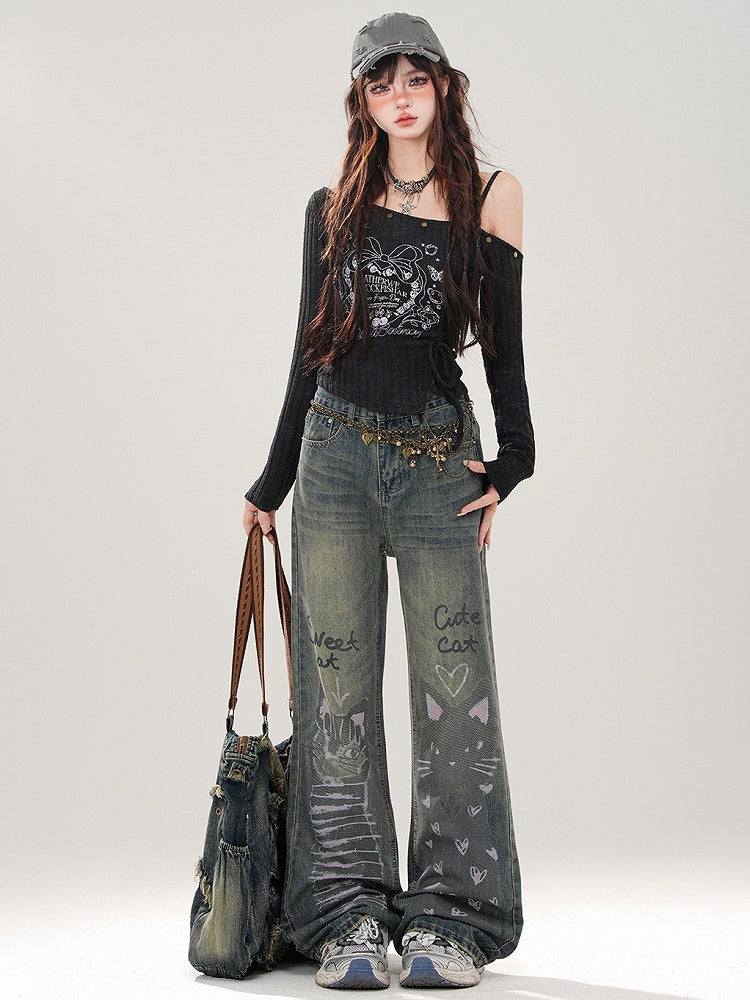 Denim-Jeans mit süßem Print und weitem Bein, blau, verwaschen, mit Kätzchenmuster