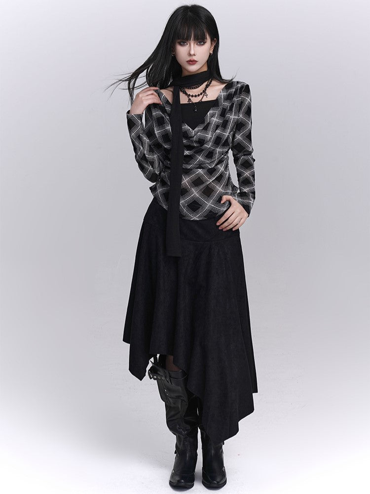 Maillard Fashion Handkerchief Skirt Hem Asymmetrical Matching Black Suede Belt with