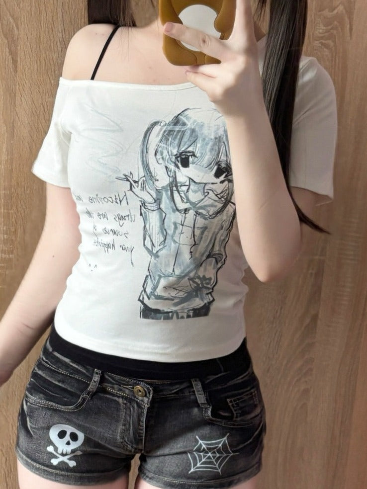 Anime Printed Off-Shoulder Short Sleeve Top - Corner cat