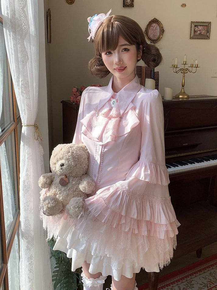 Pink Blouse with Bell Sleeves and Layered Lace - Lan Jian Chuan