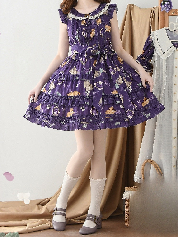 Modischer Lolita-Rock und Print, lila Hauspullover, traubenlanges Kleid, veränderbar, rosa Kätzchen