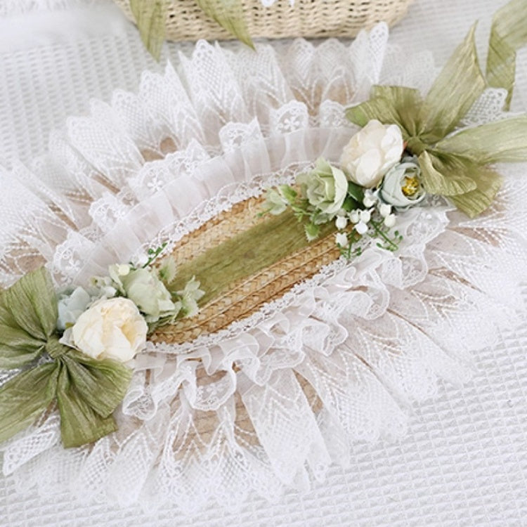 Bowknot Gorgeous Country - Straw Green Trimmed Lace Lolita Decoration Bonnet with Floral