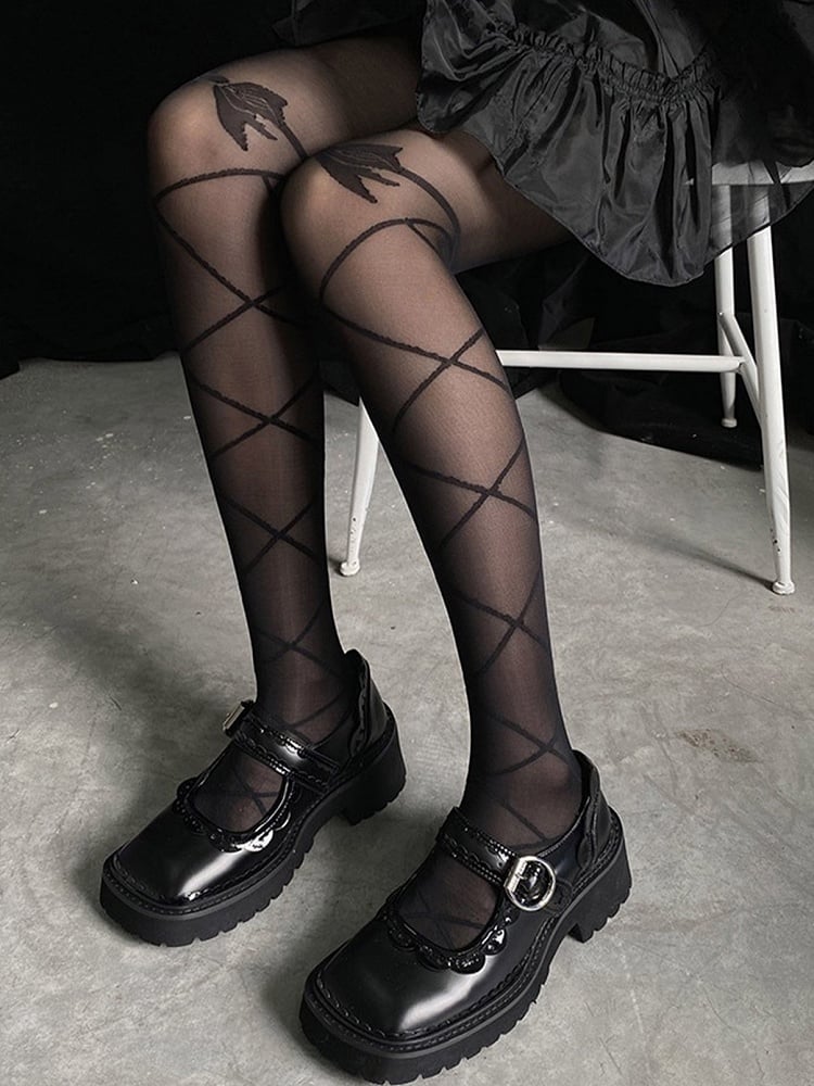 Wings Lolita Tights And Banded Semi-sheer Crisscorss Angel Print Black/White