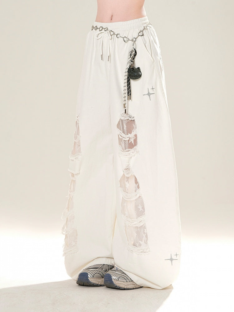 Weiße Jeans mit weitem Bein und Kordelzug in der Taille