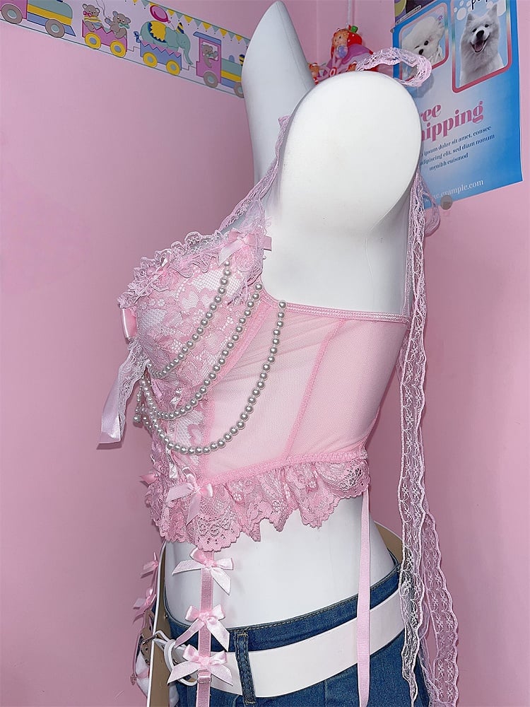 Pink Cross Top Beaded Lace Cami With Y2K Bow Charm Chains