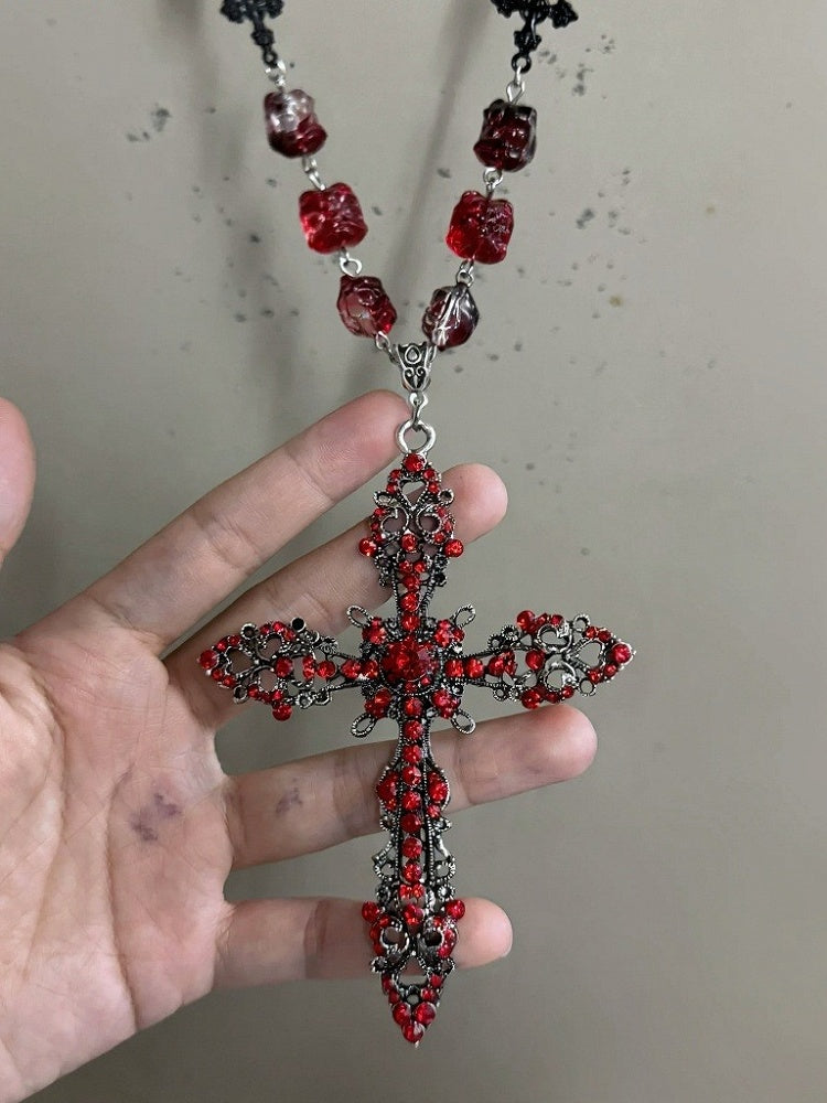 Red Gothic Cross Necklace with Rhinestones - Boobi Shop