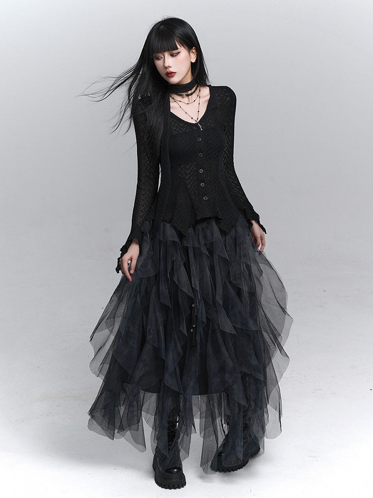 Hem Gothic Neck Irregular Strap with Cardigan Black Knit