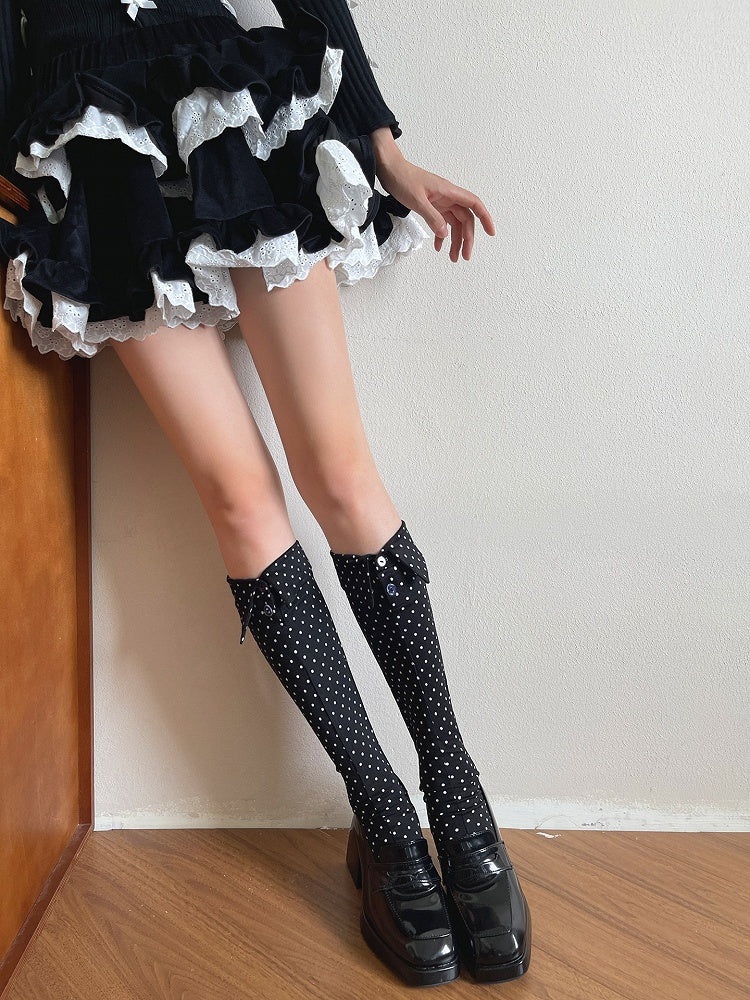Design Calf Button Turn-Down Dot Collar Pattern Sockswith Polka White/Black/Gray