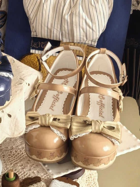 Khaki Shoes Hem Striped Lace-trimmed Scalloped - Sweet Platform Bow in Lolita