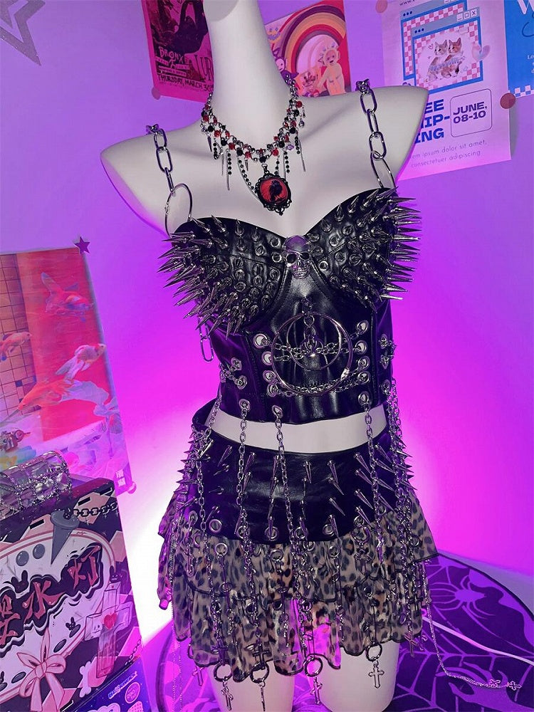 ブラック Y2K スタッドディテール PU パンクトップ