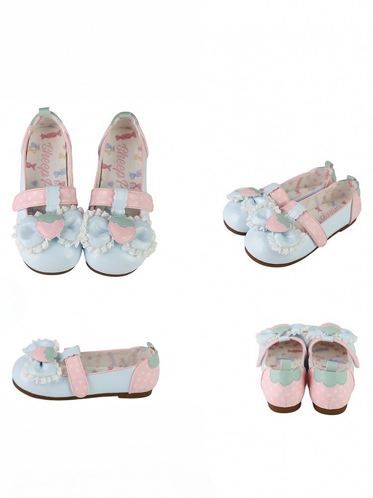 Sweet in Shoes Strawberry PU Top Bow Leahter Blue Closures T-Velcro Strap Flat -