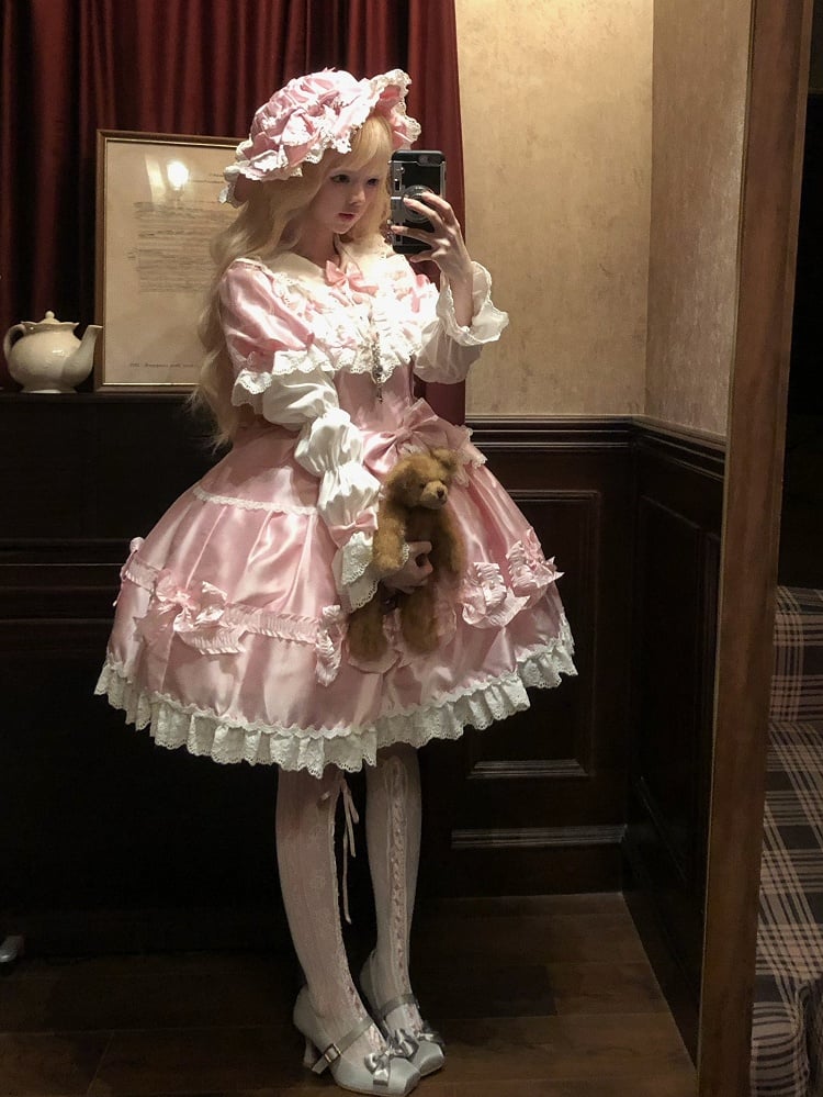 Trimmed Pink White and Bow Sweet Lace Bead Details with Dress Lolita