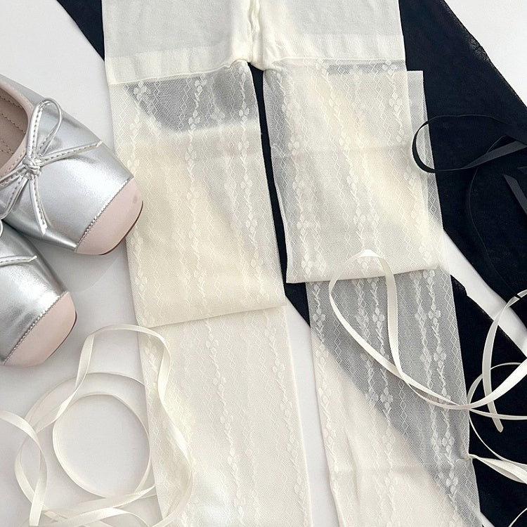 ブラック/ホワイト バレエコア クリスクロス セルフタイ ボウノット タイツ