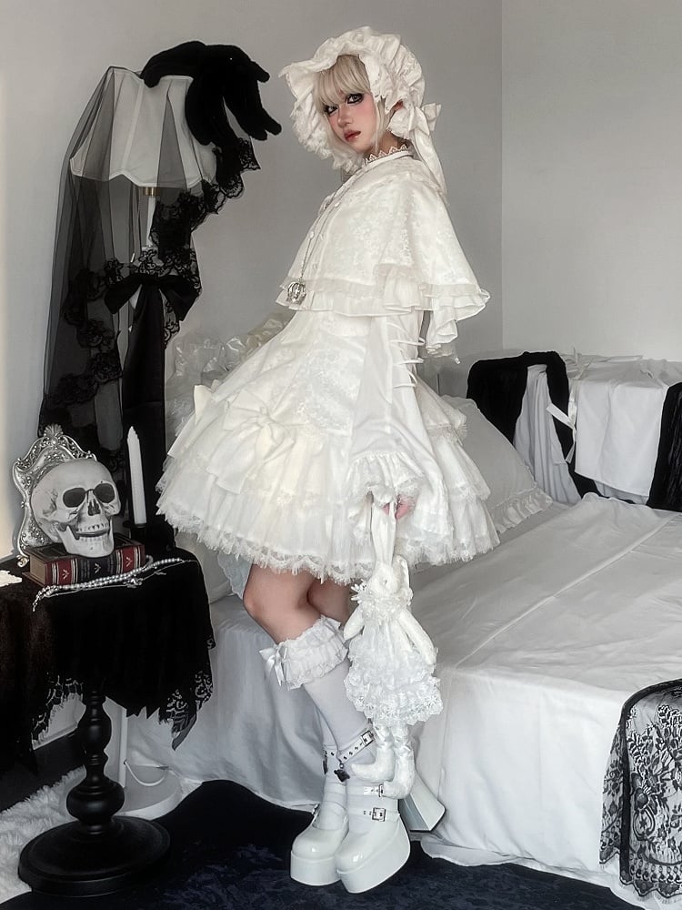 White Double-Layered Hem Jumper Skirt with Bow Decor