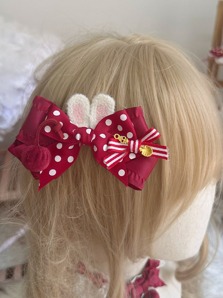 Decoration Red Bowknot Bunny Polka-dot Ears Hairclip Cherry and with