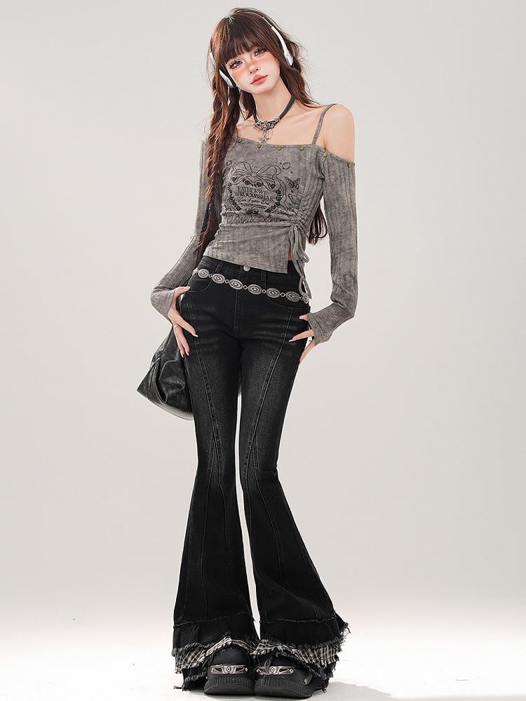 Schwarz/graues Grafik-Top mit Kordelzug in der Taille und asymmetrischem Ausschnitt