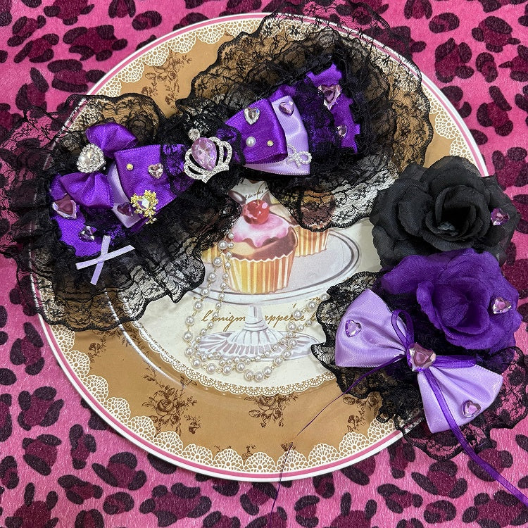 Two Lace BlackPurple And Bowknot Floral Heart Rhinestone With Bead Hairclips Decorated Dual Trim Crown Chain