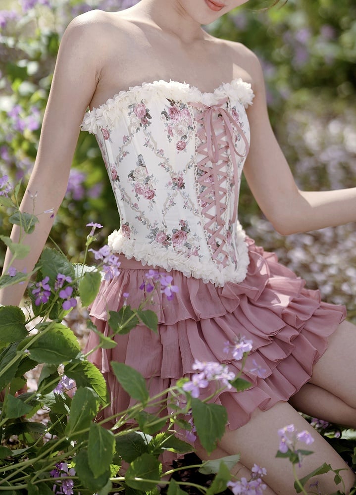 Balletcore-Croset-Oberteil mit Schnürung vorne und hinten und Blumenmuster