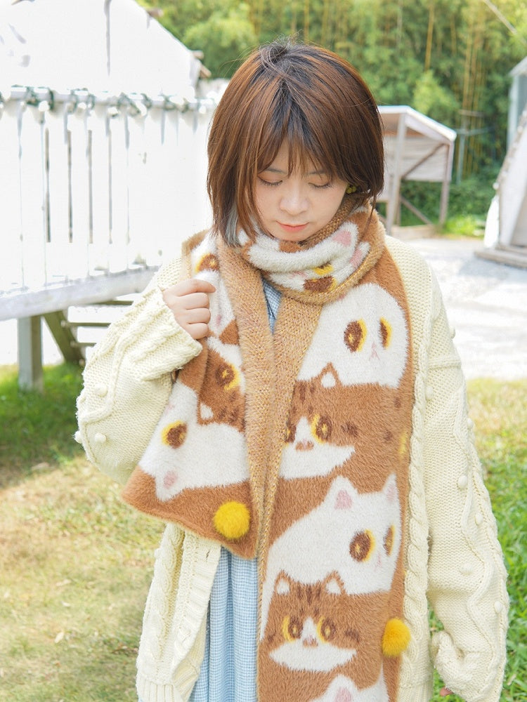 Cute Kitty Pattern Brown Knit Scarf