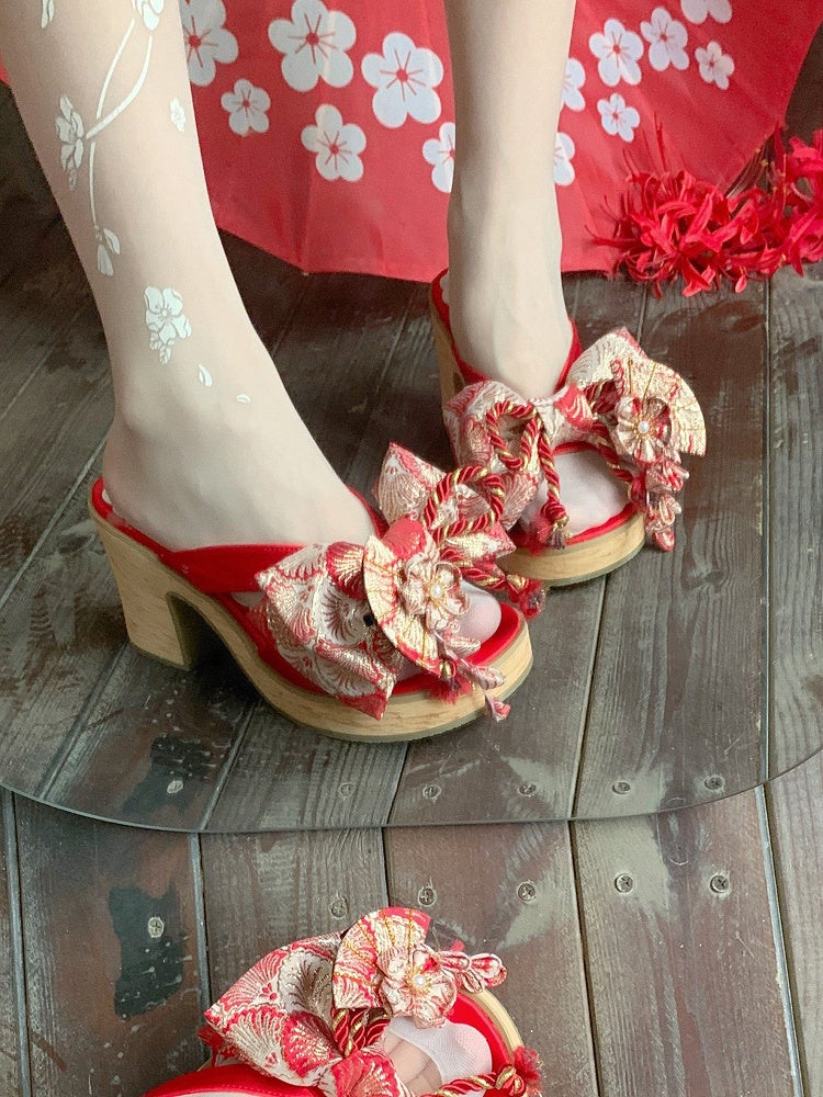Red 8cm Heel Clogs with Floral Details - Aimee