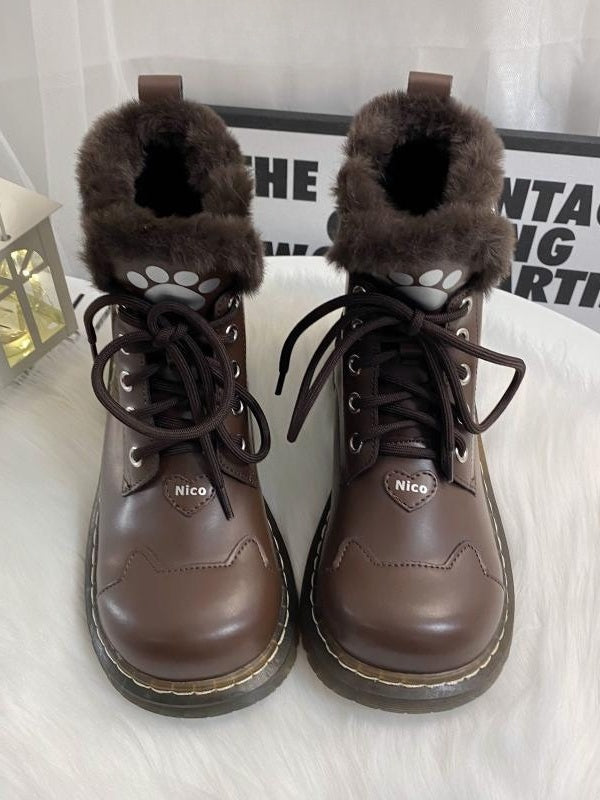 Kaffeefarbene Katzenpfoten-Herzschnalle aus Plüsch, Lolita-Winterstiefel mit Martin-Stiefel