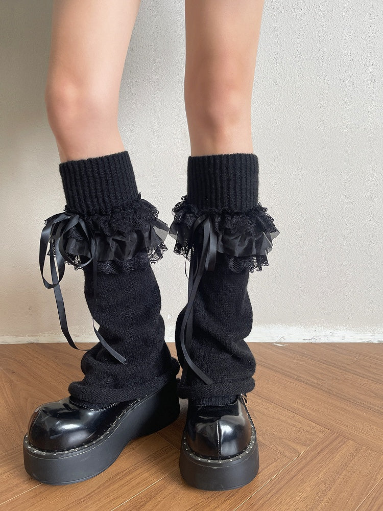 / Lace Accents Ribbon White Ribbed Leg Ruffled Warmers with Black