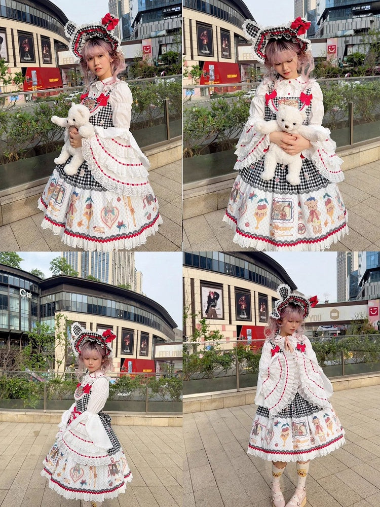 Pattern Gingham Print Skirt Animals Dessert and Black Lolita Jumper Sweet