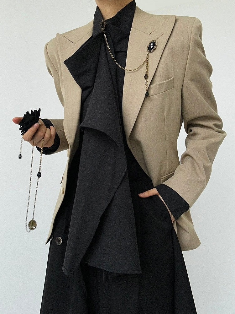 Vintage Notched Blazer with Slim-fitting Khaki Ouji Unisex Lolita Collar