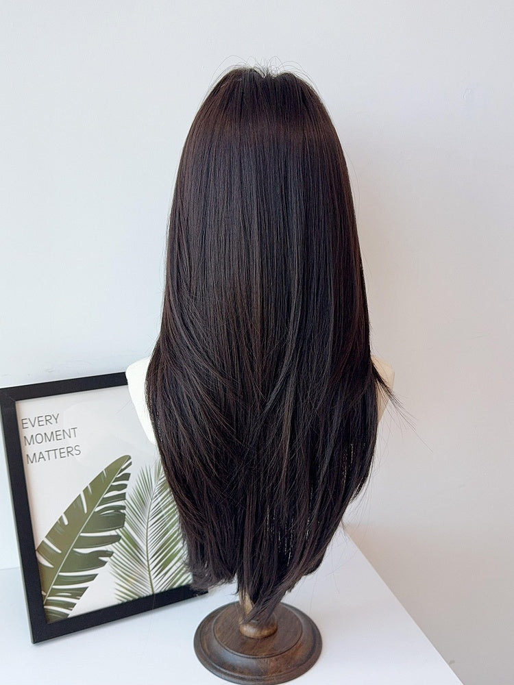 Yellow Tea/Brownish Wig Straight Black Curtain Bangs with 65CM