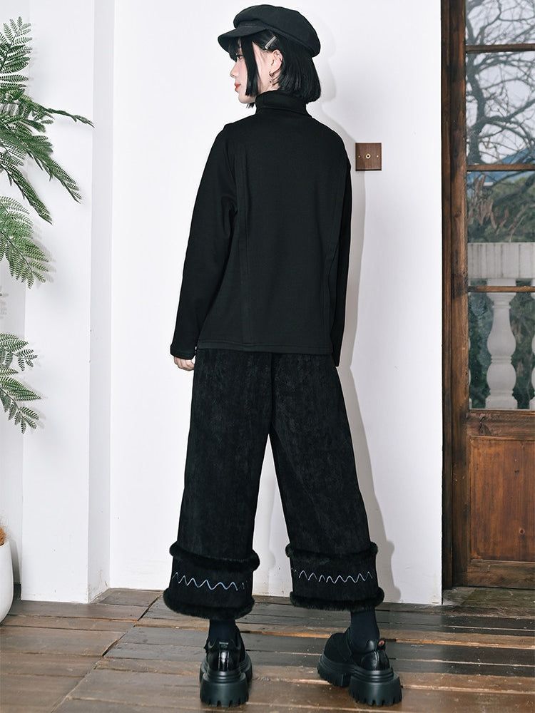 Black High-Waisted Wide-Leg Pants with Pony Embroidery & Fur Hem - Quirky Hut