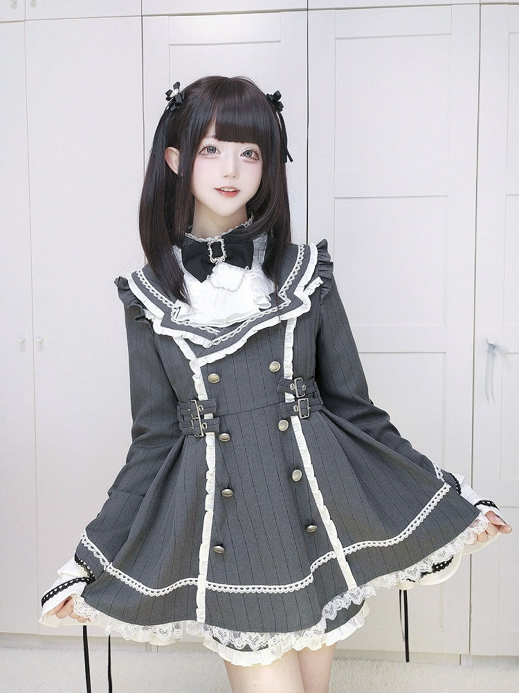 + Shorts Kei Matching Set Striped Bell Dark Jirai Sleeves Gray Dress