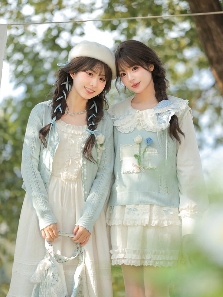 Yume Kawaii Blue Floral Embellishment Knitted Cardigan