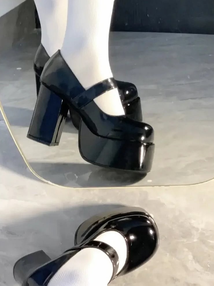Y2K Heel High - Mary Circular with Accent Style Black Jane Block Shoes Buckle