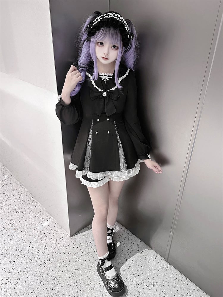 High Mini Coord with Dress Slit Matching Kei Black Set: Jirai Lace-Paneled Edgy Shorts