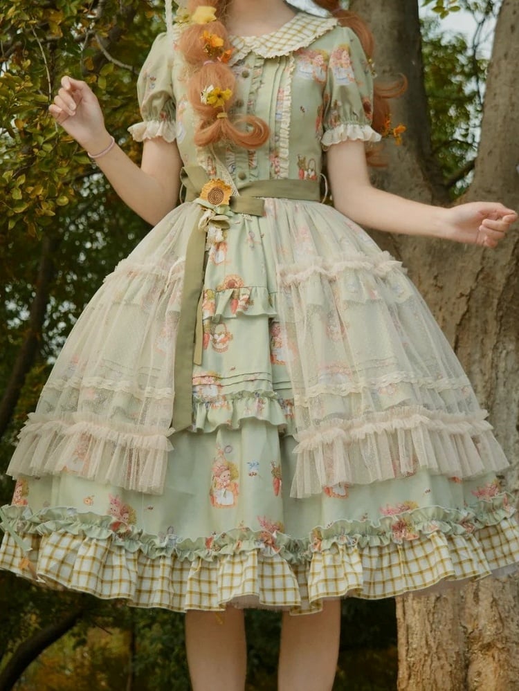 Dress Sleeves Bunny Overlay Puff with and Lolita Print Sunflower Green Hem Sweet Plaid