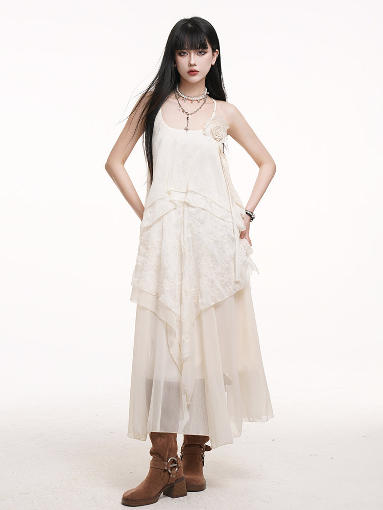 Slip Detail Rose with Dress Apricot Skirt Ankle-Length A-Line Multi-Layered