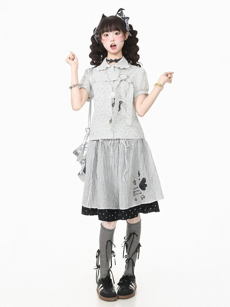 White Plaid Peter Pan Collar Shirt with Puff Sleeves and Heart Buckle - Languid Park