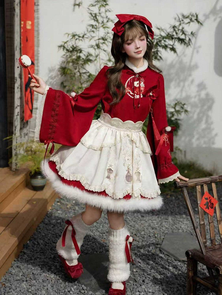 Lolita Apron Bow Han Pins Warmers + Floral Leg Red KC Brooch OP Embroidery