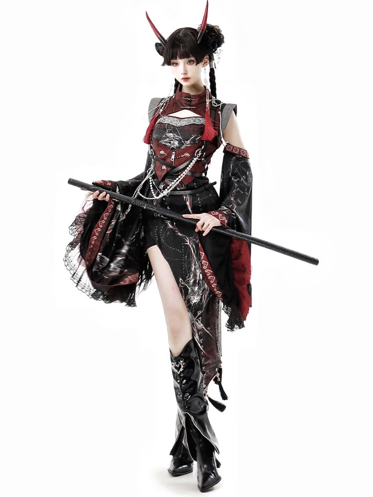 Dress Chest Vest Red - Corset cutout Asymmetrical with Black