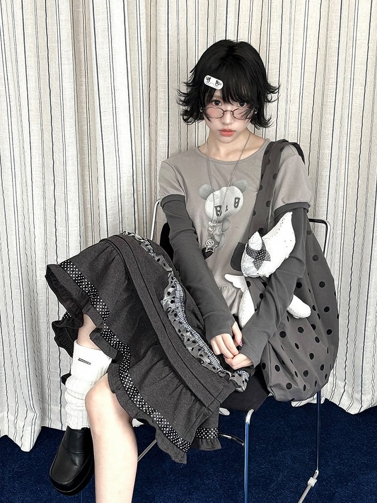 Two-piece Top Daily Thumbhole Gray Print Cuffs Long Sleeve with Bear Kawaii