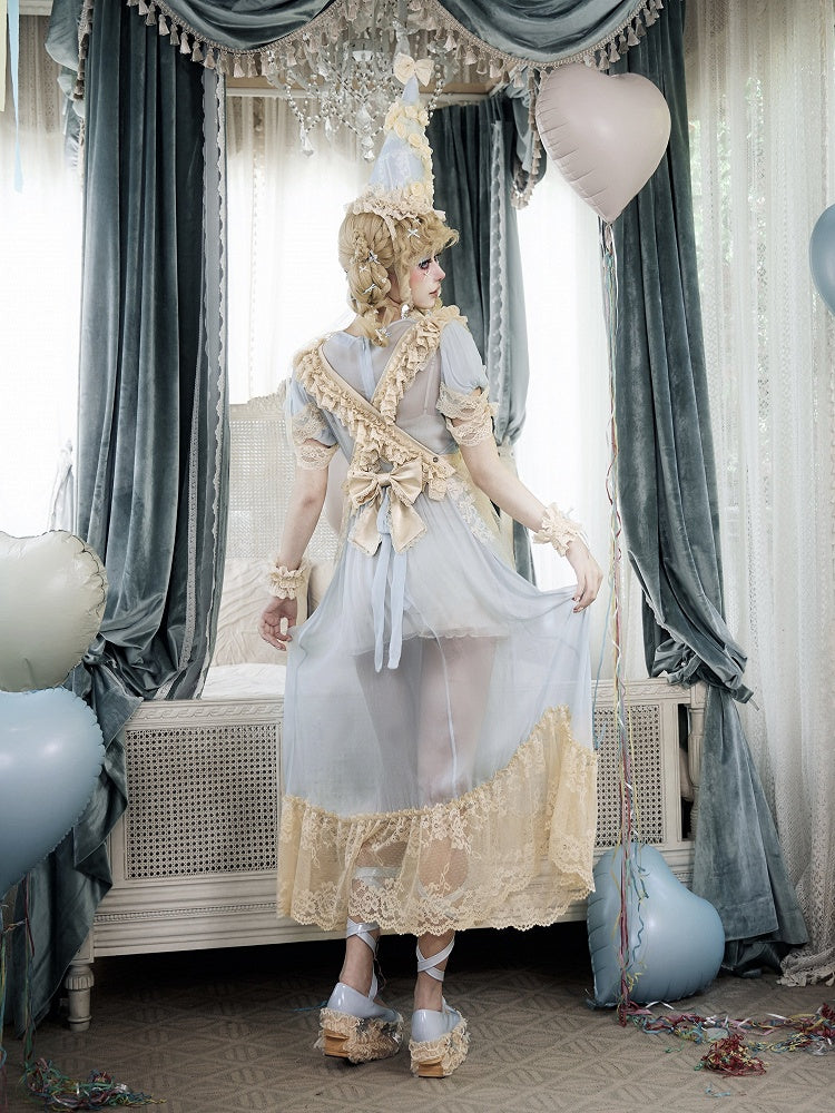 Antique-Inspired Baby Blue Sheer Tulle Dress with Apricot Lace Details - Blood Supply