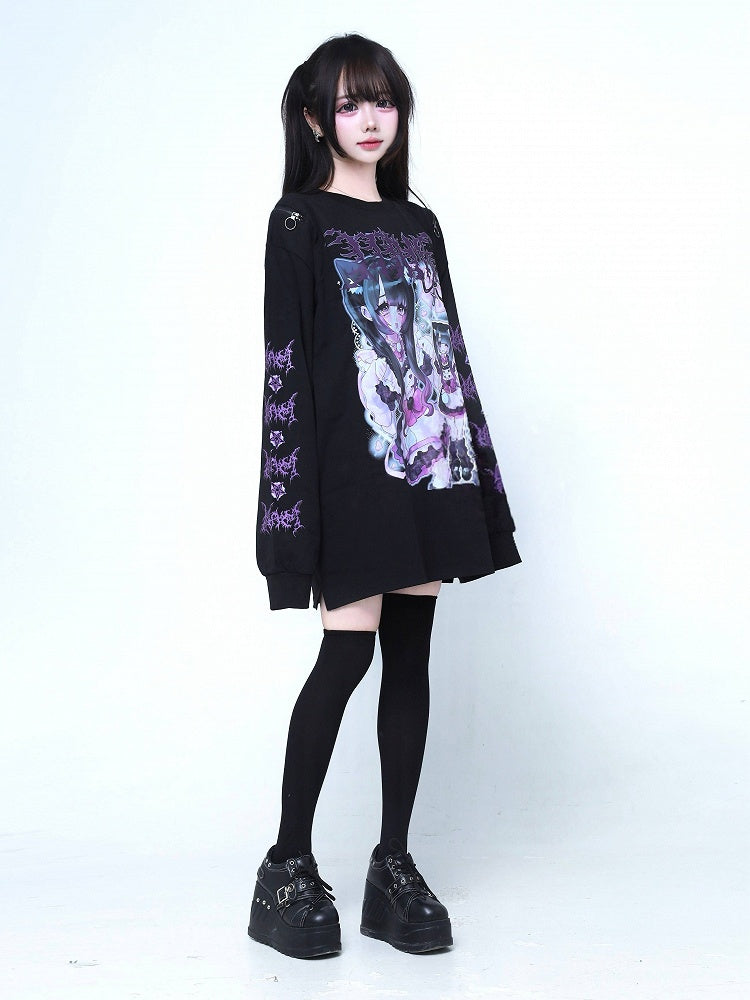 Print Zipper T-Shirt Black Design with Cutout Jirai Kei Shoulder Cartoon Long-Sleeve