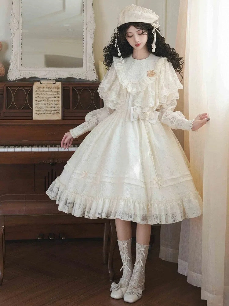 Beige Elegante Ärmel Klassische Frühling Lolita Kleid Stickerei Semi-transparent Harfe Lange