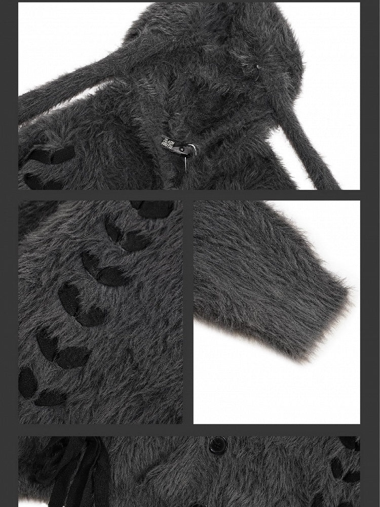 Dark Grey Lace-up Detail Bunny Ears Fluffy Hooded Cardigan