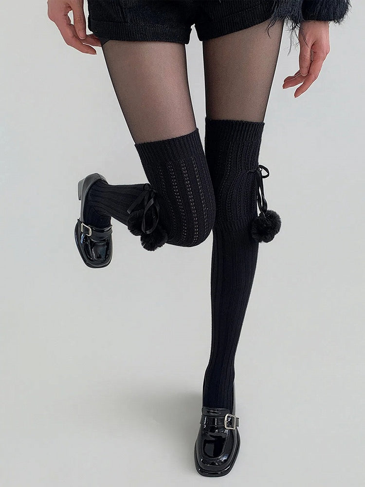 Lace-Up Pom-Pom Thigh-High Ribbed Stockings