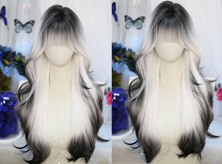 Black and White Ombre Under Bust Length Wig with Full Bangs