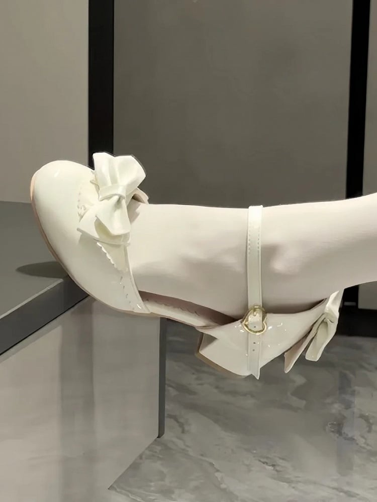 Lolita Sandals - Low PU with Bow Leather White Elegant Heel Accent