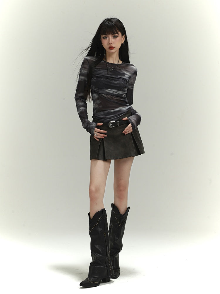 Black Round Neck Tie Dye Slim-fitting Top